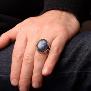 Doğal Mavi Kyanit Taşlı Yüzük - 925 Ayar Gümüş Erkek Yüzüğü - Farklı Tasarım - Görsel 7