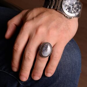 925 Ayar Gümüş Erkek Yüzük, Gerçek Doğal Yemen Akik Taşı Yüzük, Oval Tuğra Yüzük - Görsel 3