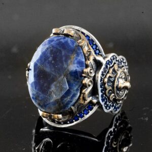 Gerçek Doğal Sodalit Taş Yüzük, Hayvan Yüzüğü, Aslan Yüzüğü, 925 Ayar Gümüş Büyük Yüzük - Görsel 4