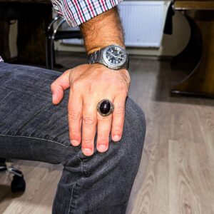 925 Ayar Gümüş Erkek Yüzük Doğal Yıldız Granat Taşı ile - El Yapımı Gümüş Takı, Erkekler İçin Hediyeler - Görsel 3