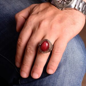 Erkekler için Gümüş Yüzük, Gerçek Doğal Cabochon Yakut Taşlı Yüzük, Yakut Yüzük, El Yapımı Yüzük - Görsel 3