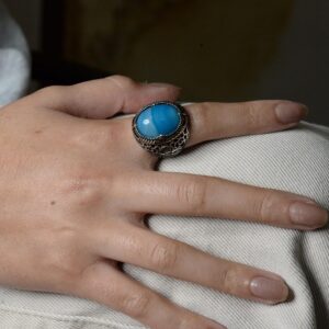 Erkekler için Doğal Mavi Akik Taşı Yüzük, 925 Ayar Gümüş El Yapımı Osmanlı Tarzı, Şifa Kristali Takı - Görsel 7