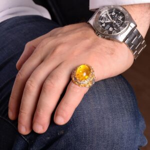 Erkekler için 925 Ayar Gümüş Yüzük, Doğal Olmayan Bal Amber Taşı ile - Görsel 3