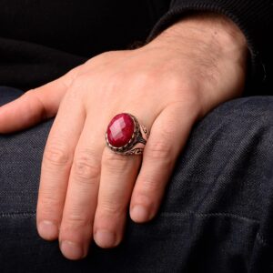 Doğal Yakut Taşlı Yüzük - Erkek Yüzüğü - 925 Ayar Gümüş Özel Tasarım - Görsel 7