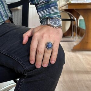 Doğal Kyanit Yüzük, El Yapımı Sterlin Gümüş Erkek Yüzüğü - Görsel 3