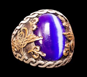 925 Ayar Gümüş Erkek Yüzük - Mavi Kaplan Gözü Taşı ile Osmanlı İmparatorluğu Tuğrası Tasarımı - Görsel 2