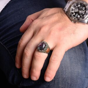 Gerçek Doğal Florit Taşlı Yüzük, Minimalist Yüzük, El Yapımı Yüzük, 925 Ayar Gümüş Yüzük Erkekler İçin - Görsel 3