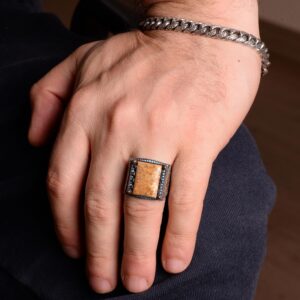 Gerçek Doğal Mercan Taşı Erkek Yüzük, 925 Ayar Gümüş Yüzük, El Yapımı Yüzük, İslami Yüzük - Görsel 6