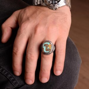 Gerçek Doğal Arizona Turkuaz Taş Yüzük, Erkek Yüzüğü, 925 Ayar Gümüş Yüzük - Görsel 7