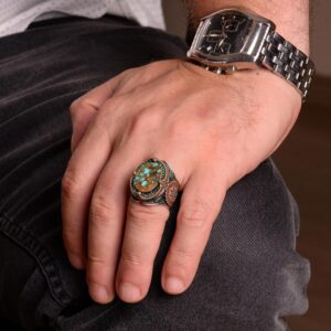 925 Doğal Arizona Turkuaz Taş Yüzük, Oval Sterlin Gümüş Yüzük Erkekler için - Görsel 3