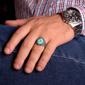 Gerçek Doğal Arizona Turkuaz Taş Yüzük, Erkekler İçin Hediye, 925 Ayar Gümüş Yüzük, Minimalist Yüzük - Görsel 3