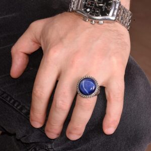 Gerçek Doğal Star Safir Taşlı Yüzük, 925 Ayar Gümüş Yüzük Erkekler İçin - Görsel 3