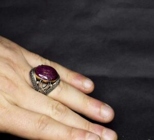 Gerçek Doğal Taş Yüzük - Gümüş Erkek El Yapımı Kılıç Yüzük (Cabochon Kırmızı Yakut) - Görsel 5