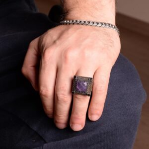Gerçek Doğal Ametist Yüzük, 925 Ayar Gümüş Yüzük Erkekler İçin, El Yapımı Doğal Taş Yüzük - Görsel 3