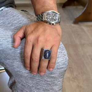 Gerçek Doğal Taş Yüzük - 925 Ayar Gümüş İslami Yüzük - El Yapımı Hat Yüzüğü (Lapis Lazuli) - Görsel 3