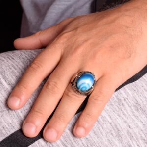 Doğal Mavi Akik Taşı Yüzük, Davud Yıldızı Yüzüğü - 925 Ayar Gümüş Erkek Yüzüğü, Gümüş Süleyman Mührü Yüzüğü - Görsel 4