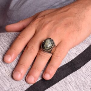 David Yıldızı Yüzüğü, Yeşil Göz Taşlı Yüzük - Canlı 925 Ayar Sert Gümüş Erkek Yüzüğü - Görsel 3