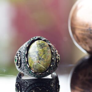 El Yapımı Gümüş Erkek Yüzük, Gerçek Doğal Taş Yüzük (Unakite) - Görsel 4