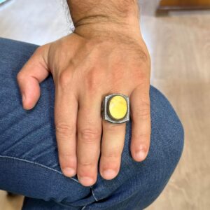 925 Ayar Gümüş Erkek Büyük Yüzük - Gerçek Doğal Amber Taşı - Zulfiqar Kılıcı Sembolü ile Gümüş Yüzük - Görsel 3