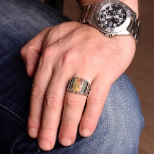 Sterling Gümüş Erkek Yüzük, Gerçek Doğal Arizona Turkuaz Taş Yüzük - Görsel 6