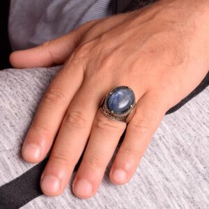 Erkekler için Gümüş Yüzük, Doğal Kyanit Taşı Yüzüğü - 925 Ayar Saf Gümüş Erkek Yüzüğü, Davud Yıldızı Yüzüğü - Görsel 3