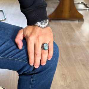 Gerçek Doğal Arizona Turkuaz Baykuş Figürlü Taş Yüzük, Gümüş Erkek Yüzüğü - El Yapımı Tasarım (Model-1) - Görsel 3