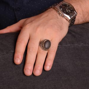 Gerçek Doğal Hematit Taşı Yüzük, İslami Yüzük, 925 Ayar Gümüş Yüzük Erkekler İçin - Görsel 3