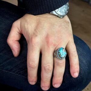 El Yapımı Gerçek Doğal Arizona Turkuaz Taş Yüzük, 925 Ayar Gümüş Yüzük, Sultan Yüzüğü - Görsel 3