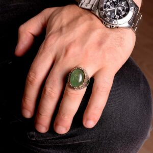 Zümrüt Doğal Cabochon Taş Yüzük, El Yapımı Erkek Yüzüğü, Sterlin Gümüş Erkek Yüzüğü - Görsel 5