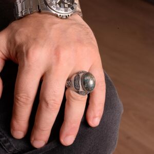 El Yapımı 925 Ayar Gümüş Yüzük, Gerçek Doğal Turkuaz Taşı ve İslami Hat ile - Erkek Takısı - Görsel 7