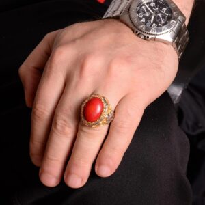 Gerçek Doğal Mercan Taşı Yüzük, 925 Ayar Gümüş Yüzük Erkekler İçin - Görsel 3