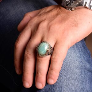 Gerçek Doğal Amazonit Taş Yüzük, Erkek Yüzüğü, 925 Ayar Gümüş Yüzük, El Yapımı Yüzük - Görsel 3