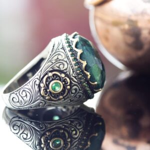 El Yapımı Gümüş Erkek Yüzük, Gerçek Doğal Taş Yüzük (Zümrüt) - Görsel 4