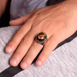 El Yapımı Doğal Kaplan Göz Taşı Yüzük - 925 Ayar Gümüş Erkek Takısı - Görsel 3