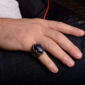 Mavi Yıldız Yüzük, Mavi Yapay Yüzük, 925 Ayar Gümüş, Ay Yıldız Erkek Yüzükleri, Gökyüzü Mavi Yüzük, Babalar Günü Hediyesi - Görsel 6