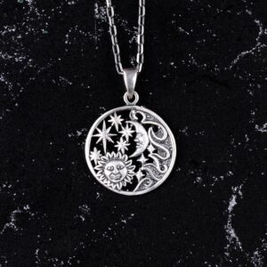 925 Ayar Gümüş Güneş ve Ay Kolye, El Yapımı Göksel Kolye - Görsel 3