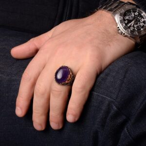 Erkekler için Doğal Ametist Taşlı Yüzük, 925 Ayar Gümüş El Yapımı Vintage Tarzı, Şifa Kristali Takı - Görsel 7