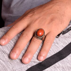 Gümüş Süleyman Mührü Yüzüğü, Doğal Kırmızı Kan Taşı Yüzük - 925 Ayar Katı Gümüş Erkek Yüzüğü - Görsel 3