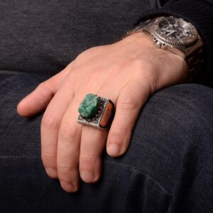 Gerçek Doğal Druzy Kristal Kuvars Taş Yüzük Erkekler İçin, Kral Süleyman Yüzüğü, 925 Ayar Gümüş Erkek Yüzüğü - Görsel 9