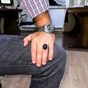Erkekler için 925 Ayar Gümüş Yüzük - Doğal Yıldız Granat Taşı ile İslami Tasarım ve Tanrı Motifi - Görsel 3
