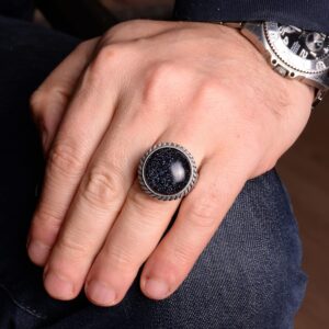 El Yapımı Erkek Yüzüğü, 925K Saf Gümüş Yüzük, Mavi Altın Yıldız Taşı - Görsel 3