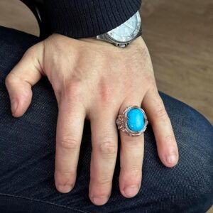 925 Ayar Gümüş Erkek Yüzük, Yapay Turkuaz Taş Yüzük - Görsel 3