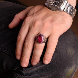 Doğal Yakut Taşlı Yüzük, Yakut Yüzük, Gümüş Yüzük, El Yapımı Erkek Yüzüğü, Pembe - Görsel 3