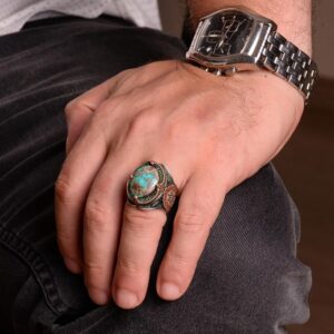 925 Doğal Arizona Turkuaz Taş Yüzük, Oval Sterlin Gümüş Yüzük Erkekler için (Stil-3) - Görsel 3