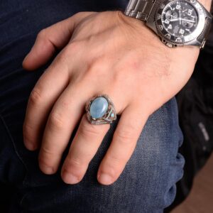 Gerçek Doğal Akuamarin Taşlı Yüzük, El Yapımı Şık Yüzük, 925 Ayar Gümüş Yüzük Erkekler İçin - Görsel 3