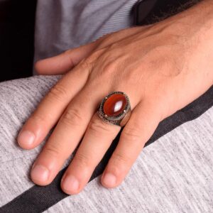 El Yapımı Sterlin Gümüş Yüzük ile Doğal Karnelyan Taşı ve Süleyman Yıldızı Sembolü - Görsel 3