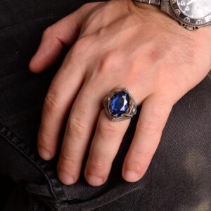 925 Ayar Gümüş Erkek Yüzük, Yapay Mavi Safir, Tarzı Türk Tasarımı - Görsel 3