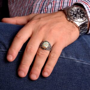 Gerçek Doğal Arizona Turkuaz Taş Yüzük, Erkekler İçin Hediye, 925 Ayar Gümüş Yüzük, Minimalist Yüzük - Görsel 3