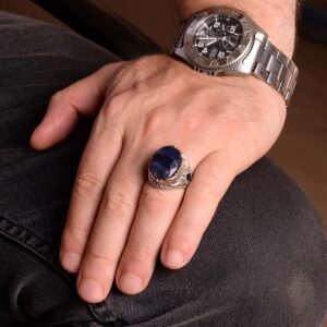 925 Ayar Gümüş Erkek Yüzük, Gerçek Doğal Safir Taşlı Yüzük, El Yapımı Yüzük - Görsel 3