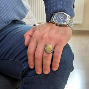 Yelkenci Çapa Yüzüğü, Cabochon Altın Rutilatlı Kuvars Taşlı Yüzük, 925 Ayar Katı Gümüş Erkek Yüzüğü - Görsel 3